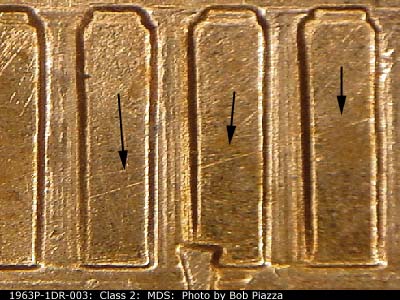 Die-stage B marker on 1963P•1DR•003 (1963 Doubled Die Reverse).