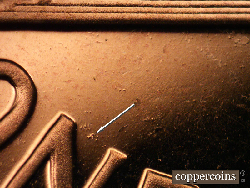 Die-stage A marker on 1963P•1DR•005P (1963 Doubled Die Reverse).