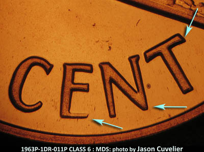 Die-stage B marker on 1963P•1DR•011P (1963 Doubled Die Reverse).