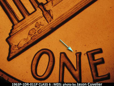 Die-stage B marker on 1963P•1DR•011P (1963 Doubled Die Reverse).