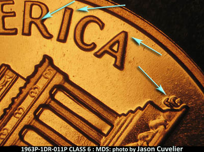 Die-stage B marker on 1963P•1DR•011P (1963 Doubled Die Reverse).