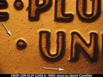 Die-stage B marker on 1963P•1DR•011P (1963 Doubled Die Reverse).