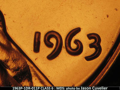 Die-stage B marker on 1963P•1DR•011P (1963 Doubled Die Reverse).