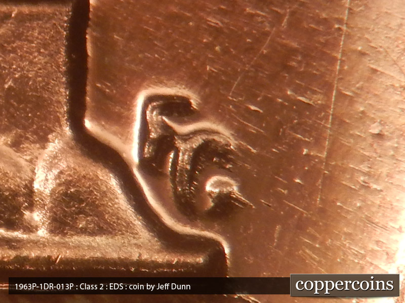 Die-stage A marker on 1963P•1DR•013P (1963 Doubled Die Reverse).