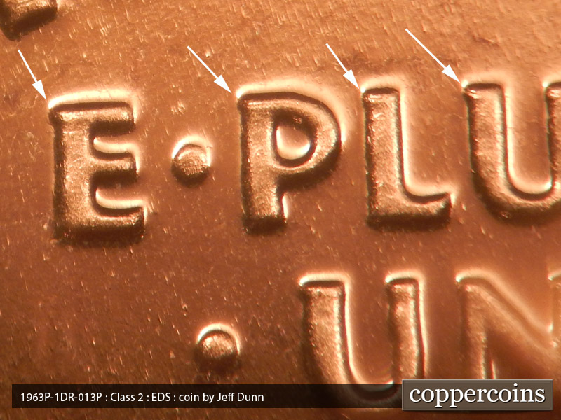 Die-stage A marker on 1963P•1DR•013P (1963 Doubled Die Reverse).