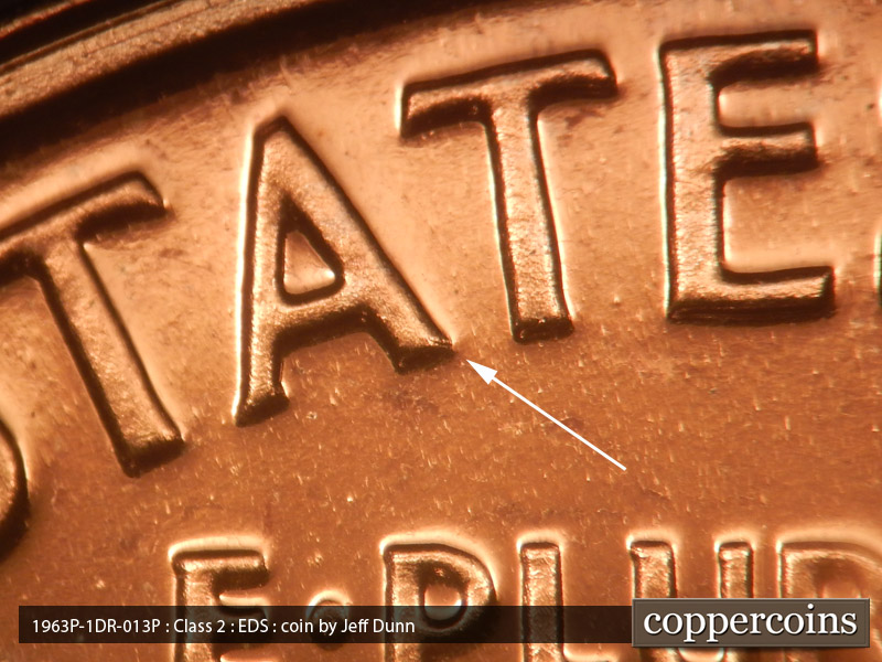 Die-stage A marker on 1963P•1DR•013P (1963 Doubled Die Reverse).