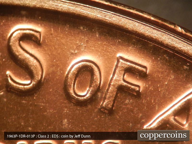 Die-stage A marker on 1963P•1DR•013P (1963 Doubled Die Reverse).