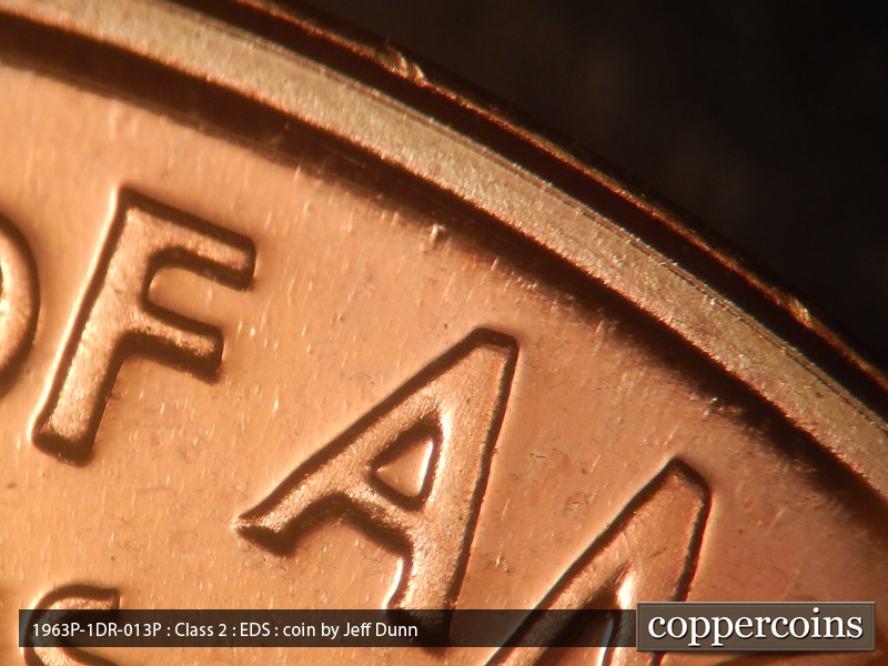 Die-stage A marker on 1963P•1DR•013P (1963 Doubled Die Reverse).