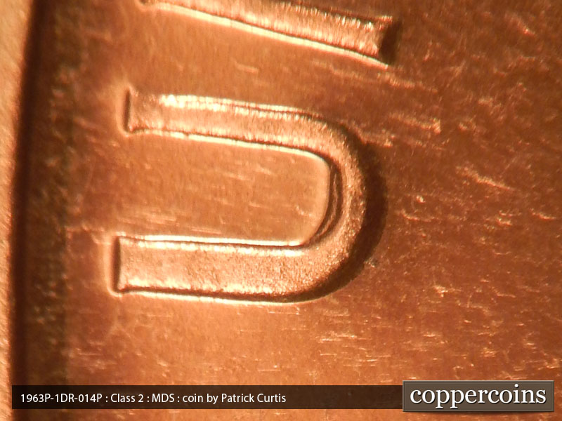 Die-stage B marker on 1963P•1DR•014P (1963 Doubled Die Reverse).