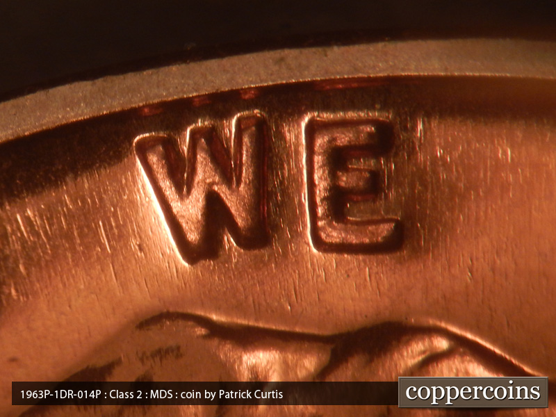 Die-stage B marker on 1963P•1DR•014P (1963 Doubled Die Reverse).