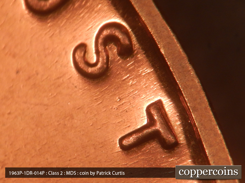 Die-stage B marker on 1963P•1DR•014P (1963 Doubled Die Reverse).