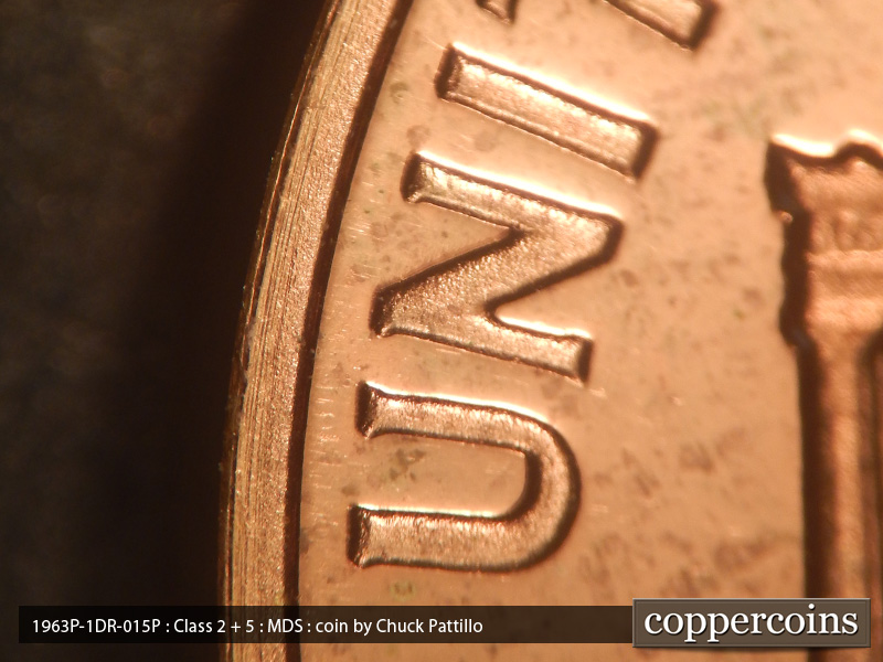Die-stage B marker on 1963P•1DR•015P (1963 Doubled Die Reverse).