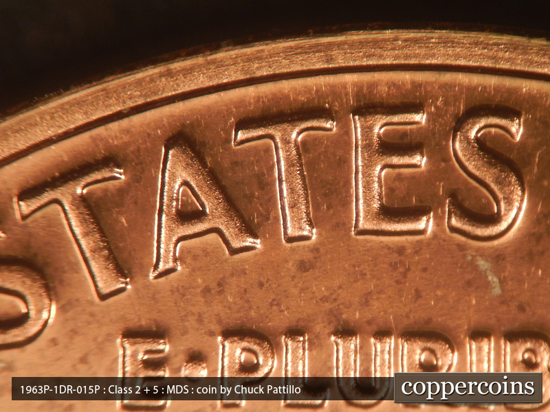Die-stage B marker on 1963P•1DR•015P (1963 Doubled Die Reverse).