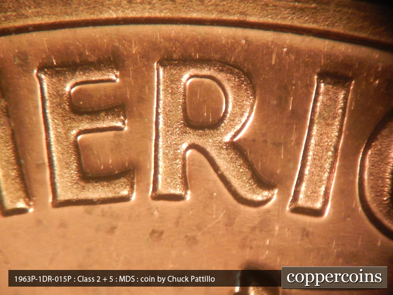 Die-stage B marker on 1963P•1DR•015P (1963 Doubled Die Reverse).