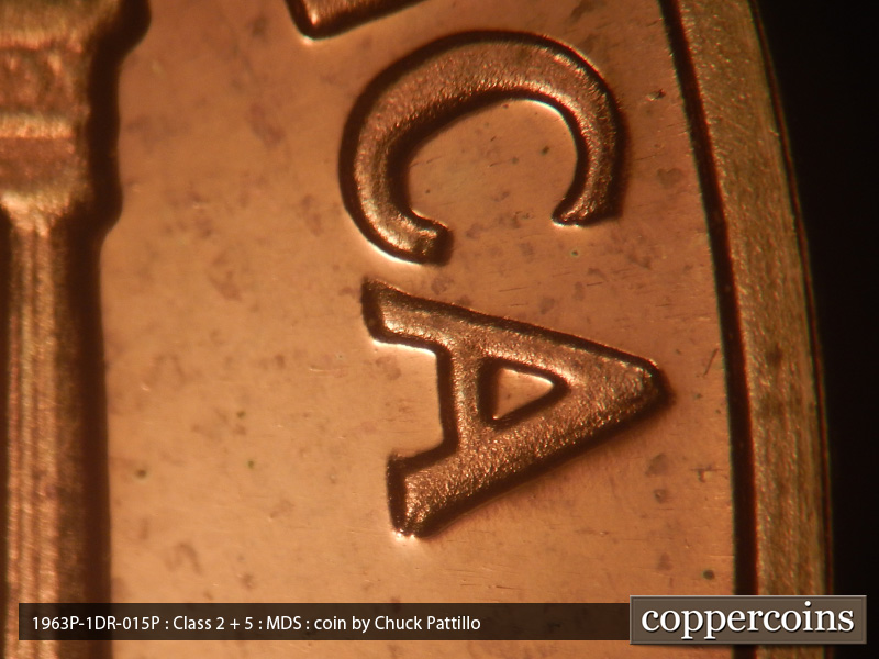 Die-stage B marker on 1963P•1DR•015P (1963 Doubled Die Reverse).