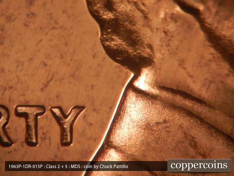 Die-stage B marker on 1963P•1DR•015P (1963 Doubled Die Reverse).