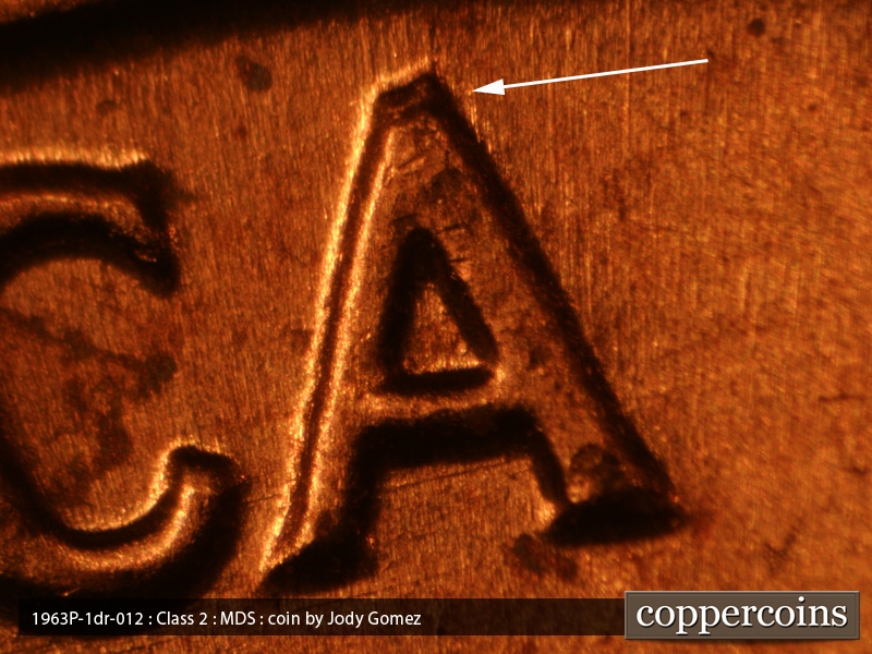 Die-stage B marker on 1963P•1DR•019 (1963 Doubled Die Reverse).