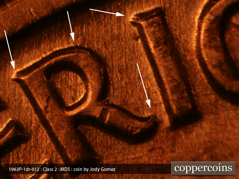 Die-stage B marker on 1963P•1DR•019 (1963 Doubled Die Reverse).