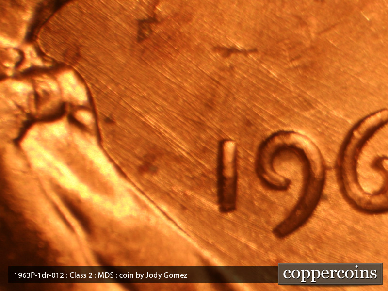 Die-stage B marker on 1963P•1DR•019 (1963 Doubled Die Reverse).