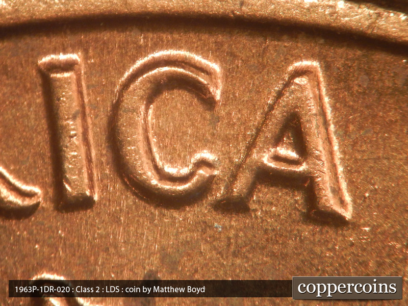 Die-stage C marker on 1963P•1DR•020 (1963 Doubled Die Reverse).