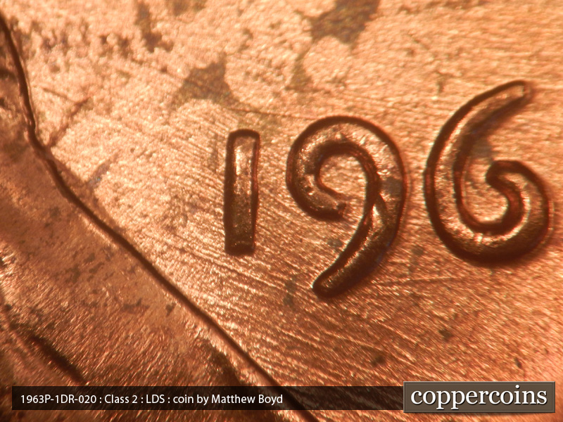Die-stage C marker on 1963P•1DR•020 (1963 Doubled Die Reverse).