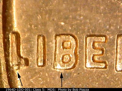 Die-stage B marker on 1964D•1DO•001 (1964 Doubled Die Obverse).