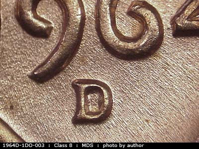 Die-stage B marker on 1964D•1DO•003 (1964 Doubled Die Obverse).