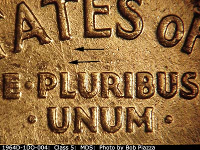 Die-stage B marker on 1964D•1DO•004 (1964 Doubled Die Obverse).