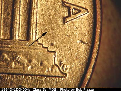 Die-stage B marker on 1964D•1DO•004 (1964 Doubled Die Obverse).