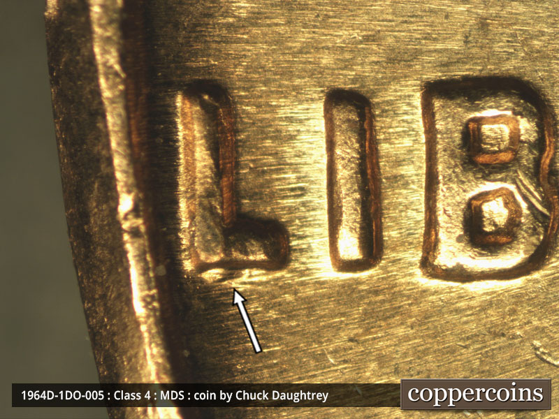 1964 Lincoln cent obverse, CopperCoins die 1964D•1DO•005.