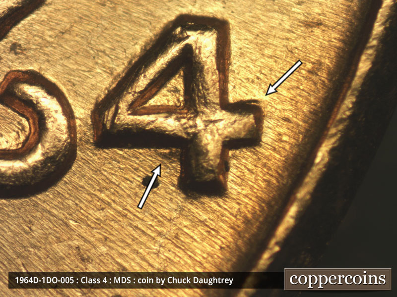 Die-stage B marker on 1964D•1DO•005 (1964 Doubled Die Obverse).
