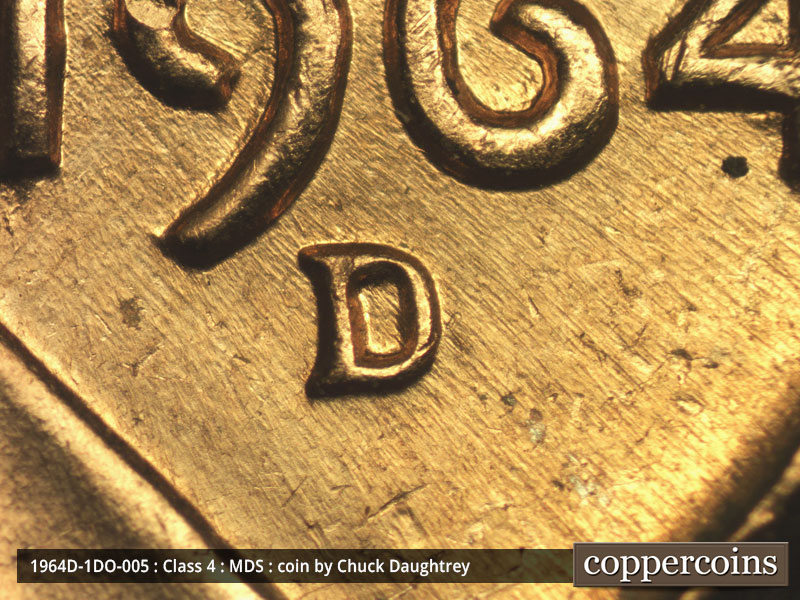 Die-stage B marker on 1964D•1DO•005 (1964 Doubled Die Obverse).