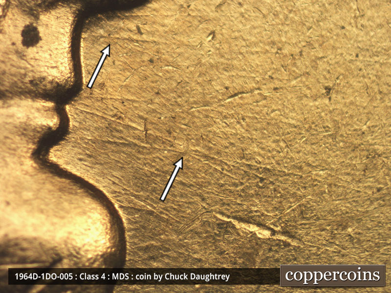 Die-stage B marker on 1964D•1DO•005 (1964 Doubled Die Obverse).