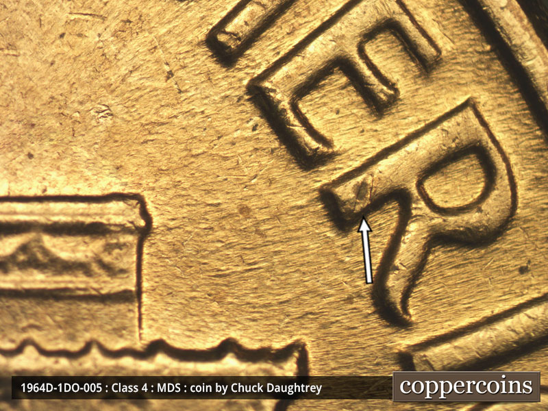 Die-stage B marker on 1964D•1DO•005 (1964 Doubled Die Obverse).