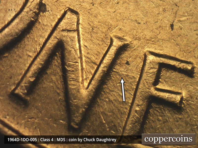 Die-stage B marker on 1964D•1DO•005 (1964 Doubled Die Obverse).