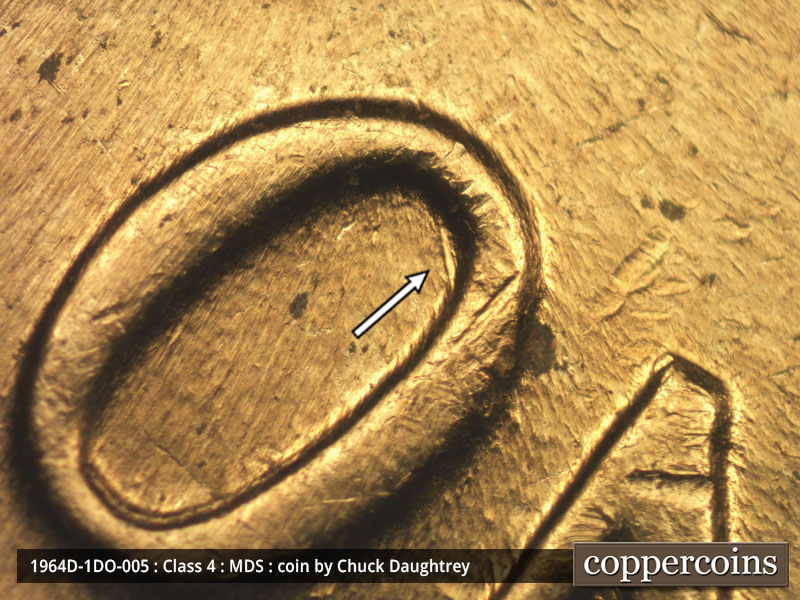 Die-stage B marker on 1964D•1DO•005 (1964 Doubled Die Obverse).