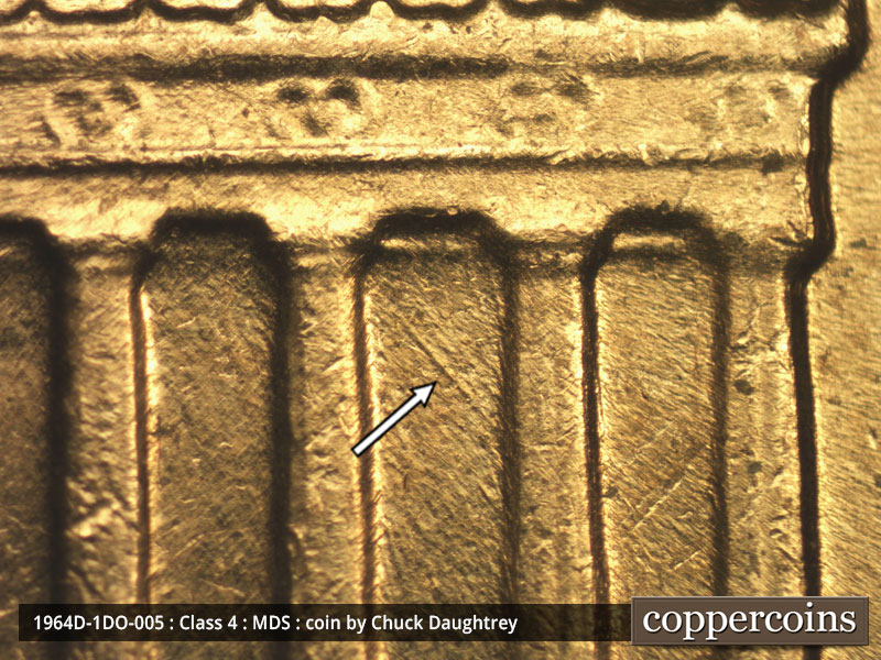 Die-stage B marker on 1964D•1DO•005 (1964 Doubled Die Obverse).