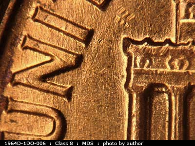 Die-stage B marker on 1964D•1DO•006 (1964 Doubled Die Obverse).