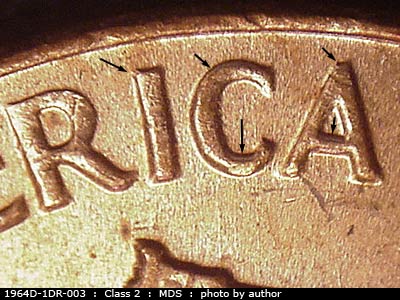 Die-stage B marker on 1964D•1DR•003 (1964 Doubled Die Reverse).