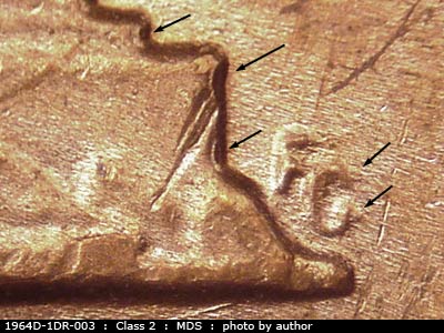 Die-stage B marker on 1964D•1DR•003 (1964 Doubled Die Reverse).