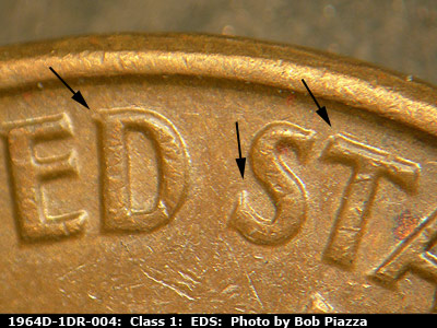Die-stage A marker on 1964D•1DR•004 (1964 Doubled Die Reverse).