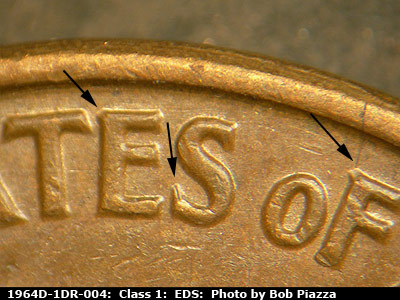 Die-stage A marker on 1964D•1DR•004 (1964 Doubled Die Reverse).