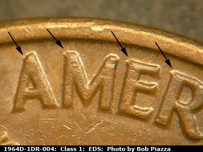 Die-stage A marker on 1964D•1DR•004 (1964 Doubled Die Reverse).