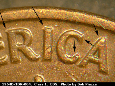 Die-stage A marker on 1964D•1DR•004 (1964 Doubled Die Reverse).