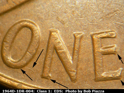 Die-stage A marker on 1964D•1DR•004 (1964 Doubled Die Reverse).