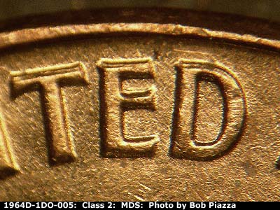 Die-stage B marker on 1964D•1DR•005 (1964 Doubled Die Reverse).
