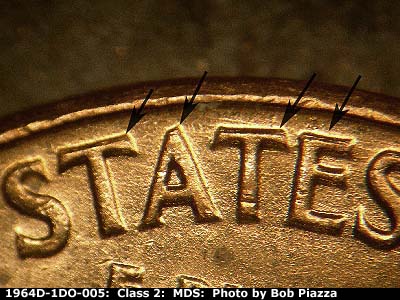 Die-stage B marker on 1964D•1DR•005 (1964 Doubled Die Reverse).