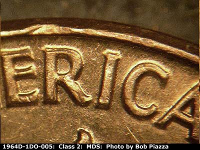 Die-stage B marker on 1964D•1DR•005 (1964 Doubled Die Reverse).