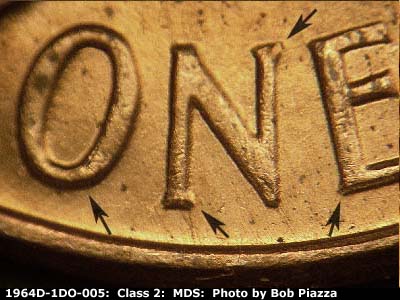 Die-stage B marker on 1964D•1DR•005 (1964 Doubled Die Reverse).