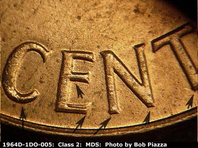 Die-stage B marker on 1964D•1DR•005 (1964 Doubled Die Reverse).